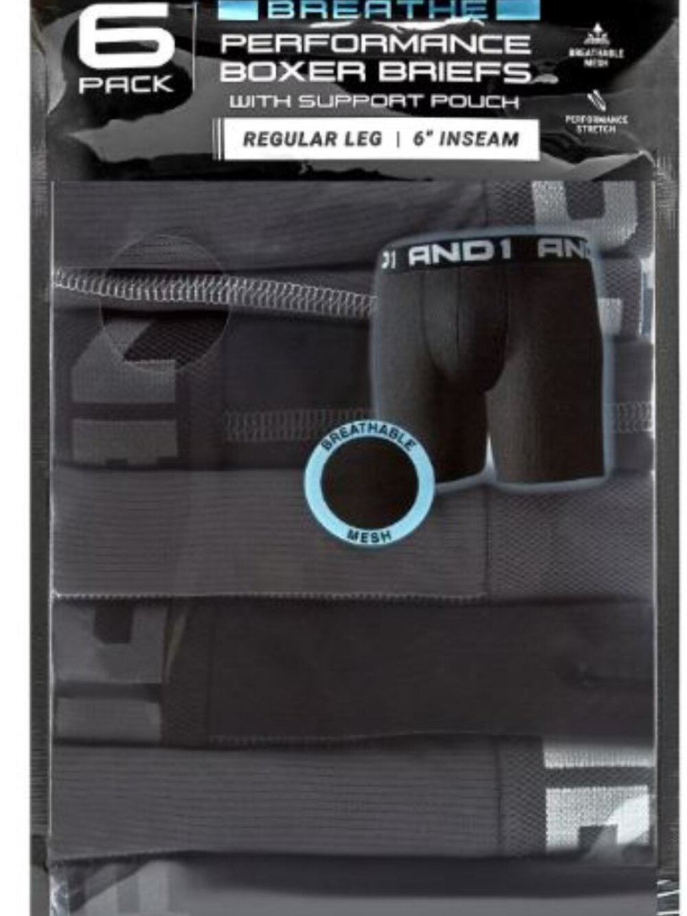 NWT AND1 Men’s 2XL 6-Pack Breathe Performance Boxer Briefs 6” Inseam
